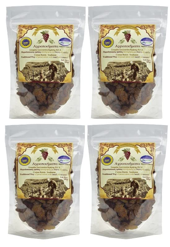 Greek Cretan Dried Raisin Sultanas | Protected Geographical Indication | Handpicked product (4 Packs)