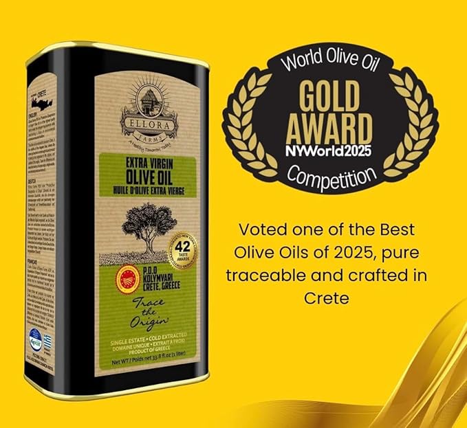 Ellora Farms Olive Oil Extra Virgin Traceable &amp Certified PDO Polyphenol Rich Extra Virgin Olive Oil Cold Pressed Global Gold Awards Kosher Single Origin from Crete Greece 33.8 Fl oz Pack of