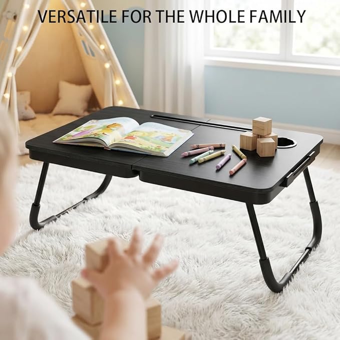 BUYIFY Foldable Laptop Bed Desk for Couch Sofa - Large Lap Desk Tray Table with Cup Holder and Tablet Slot - Portable Notebook Stand for Eating Writing Studying and WFH (Black)- USA Original Patent
