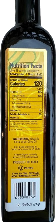 Trader Joe's 100% Italian Organic Extra Virgin Olive Oil Cold Pressed 16.9 Fl Oz (Pack of 1)