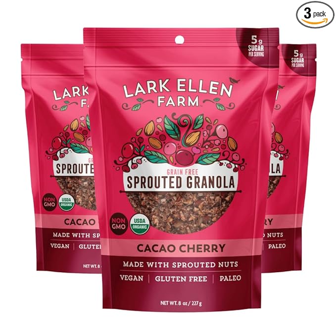 Lark Ellen Farm Cacao Cherry Grain-Free Granola Clusters Organic Vegan Nut and Seed Mix Gluten-Free Crunchy Bites for Snack Breakfast or Yogurt 8 oz 3 Pack