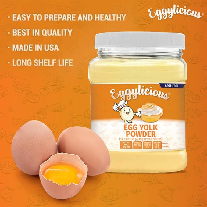 Eggylicious | PACK of 4 | Cage-Free Egg Yolk Powder 11 oz (312 gm) | Made in USA from Humanely-Raised Cage-Free Eggs | Perfect for Smoothies Puddings Baking Sauces | Non-Bioengineered