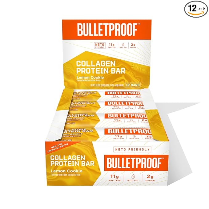 Bulletproof Lemon Cookie Collagen Protein Bars Pack of 12 Keto-Friendly Snack with MCT Oil Grass-fed Collagen No Added Sugar