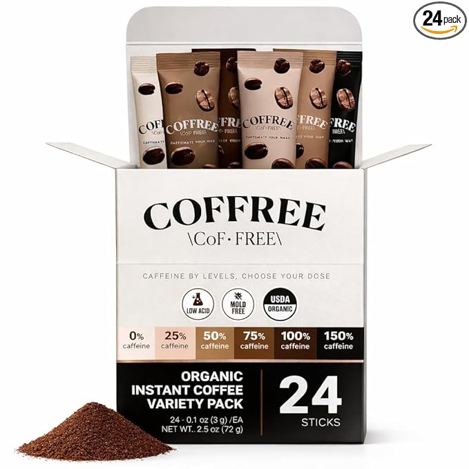 COFFREE Organic Instant Coffee Packets Variety Pack - Convenient Single Serve Coffee Sticks Mold Free Low Acid Arabica for On-the-Go Energy - 0–150% Caffeine Options for Hot or Cold Brew - 24 Count