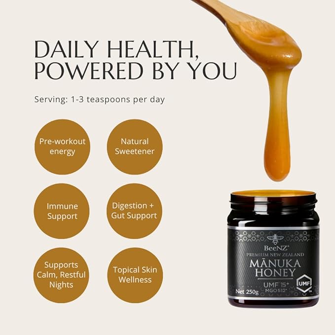 BeeNZ Raw Manuka Honey Certified UMF 15+ (MGO 514+) Pure New Zealand Monofloral Manuka Natural Sweetener Superfood for Immune Support No Sugar Added Traceable from Hive to Jar 8.8 oz/250g