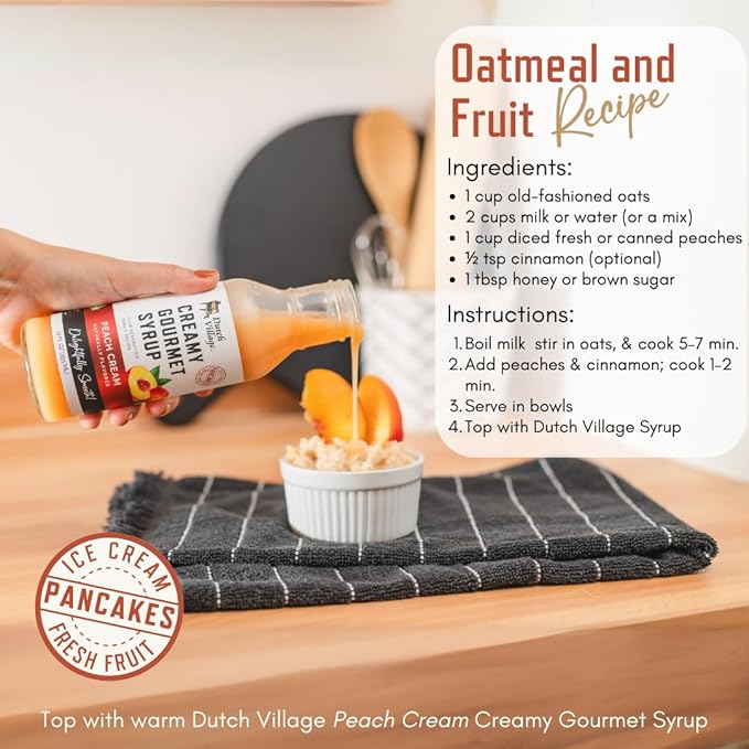 Creamy Gourmet Breakfast &amp Dessert Syrup | Organic Ingredients - Clean Label | No Preservatives Artificial Flavors or Corn Syrup | Gluten-Free | Dutch Village Salted Caramel &amp Peach Cream 12