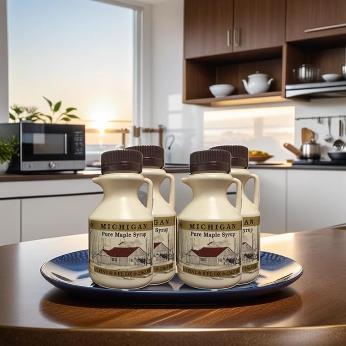 Traverse Bay Farms 100% Pure Maple Syrup – 4 Bottles – Grade A Amber Rich Taste – Small Batch Gluten-Free All Natural Made in Michigan – Value Pack (4 Bottles w/Book)