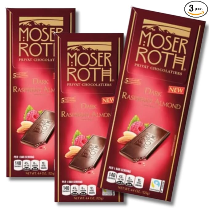 3 Pack – Dark Chocolate Raspberry Almond Bars 5 Individually Wrapped Mini Bars Each – Gourmet Dark Chocolate with Real Raspberry and Roasted Almond Pieces