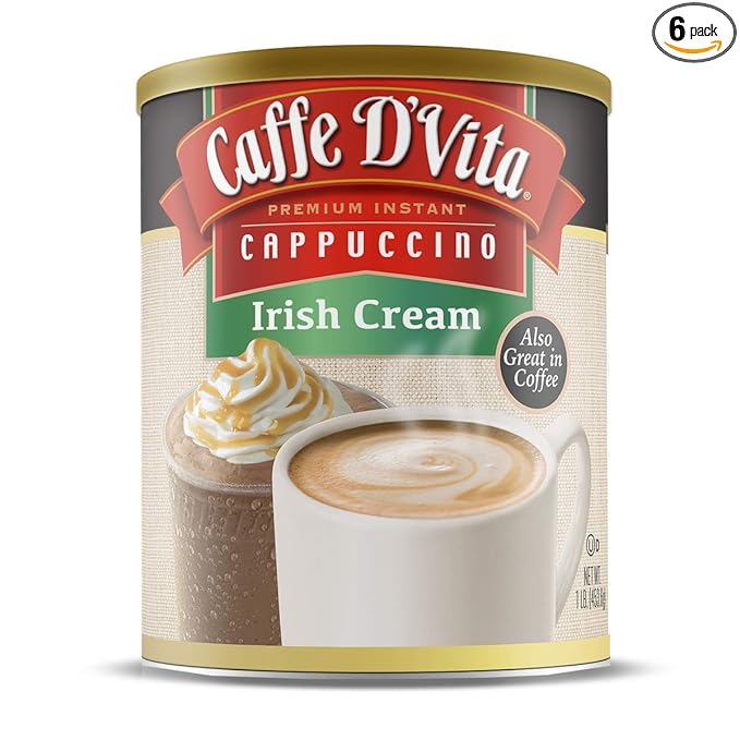 Caffe D’Vita Irish Cream Cappuccino Mix - Irish Cream Coffee Irish Coffee Gluten Free No Cholesterol No Hydrogenated Oils No Trans Fat 99% Caffeine Free Instant Coffee - 16 Oz Can 6-Pack