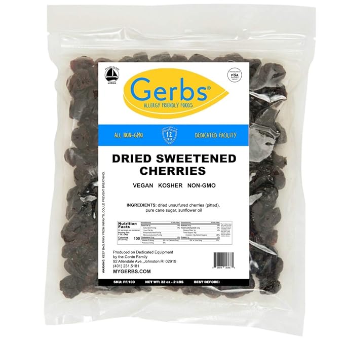 Gerbs Dried Sweetened Cherries 2 lbs. | Unsulphured No Artificial Additives Resealable Bag | Naturally Tart &amp Juicy | Top 14 Allergen-Free