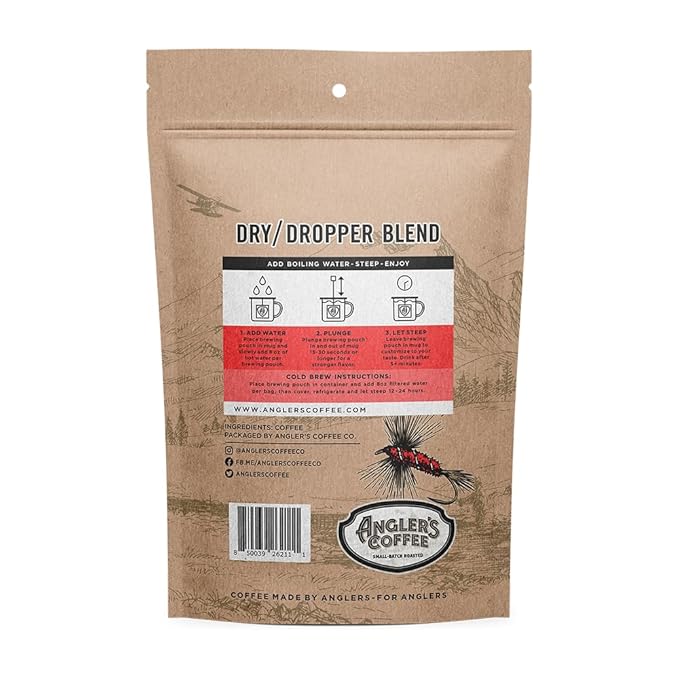 Angler’s Coffee Dry Dropper Dark Roasted Single Serve Coffee in a Pouch - Carefully Roasted Freshly Ground &amp Nitrogen Flushed Quality Colombian Coffee - Just add Water - 10 ct