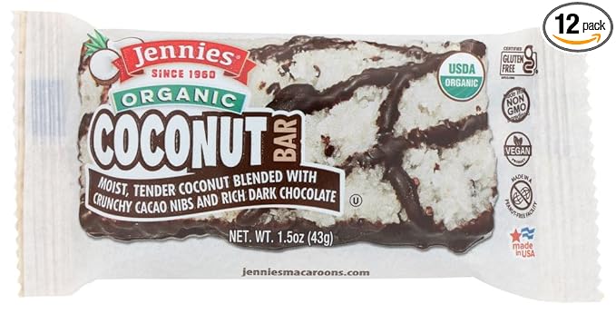Jennies Raw Organic Coconut Bar Cacao Pow Cacao Nibs and Chocolate Gluten Free Non-GMO Peanut Free 1.5 Ounce (Pack of 12)