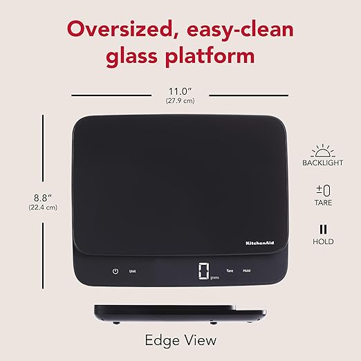 KitchenAid KQ917 High Capacity Glass Surface Digital Kitchen and Food Scale 30 Pound Capacity and Precision Grams Ounces Pounds Fluid Ounces &amp Milliliters LED Tare Function Black