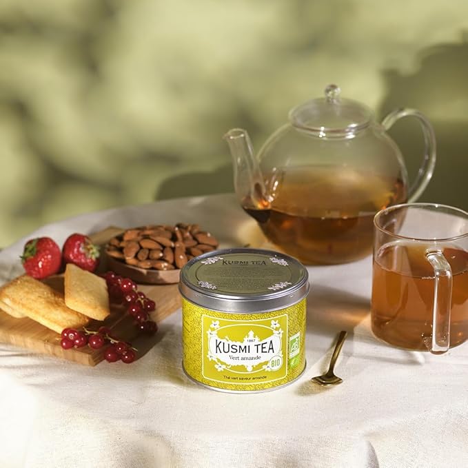Kusmi Tea - Green Almond - Organic Blend of Almond Flavored Green Tea - Organic Flavored Green Tea - Loose Leaves - Tin Box of 3.5 oz - Quantity for about 50 cups