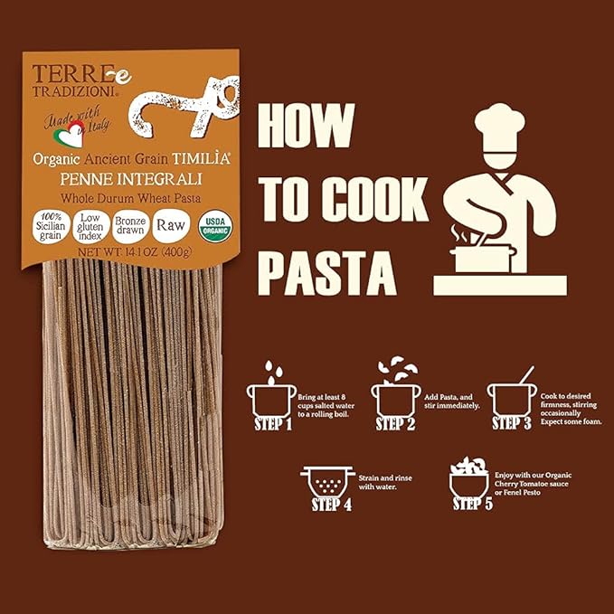 Terre e Tradizioni 3 PACKS ORGANIC ITALIAN WHOLE DURUM WHEAT SPAGHETTI PASTA – Sicilian Ancient Grain Timilia Vegan Pasta. LOW-GLUTEN INDEX Farm Fresh Pasta imported from Sicily Italy