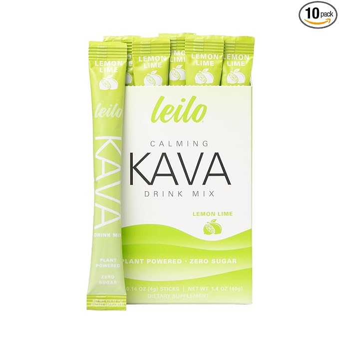 Leilo | Calming Kava Drink Mix | Lemon Lime 10 Stick Packs (Plant-Based Relaxation Powder Non-Alcoholic Sugar-Free Herbal Supplement)