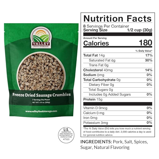 Valley Food Storage Freeze Dried Sausage Crumbles | 10-Bag Bucket 85 oz | Premium Emergency Food Supply 25 Year Shelf Life | Prepper Supplies Survival Food Camping &amp Off-Grid Living | Packaged