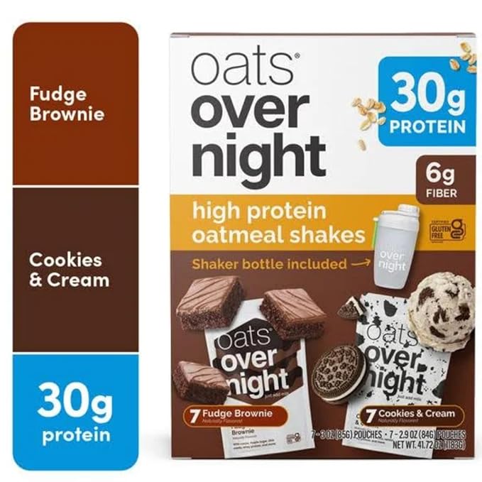 Oats Overnight Variety Pack 30g Protein Oatmeal Shake Cookies &amp Cream &amp Fudge Brownie High Protein Breakfast Drink Mix Just Add Milk 14 Pack + Shaker Bottle Included