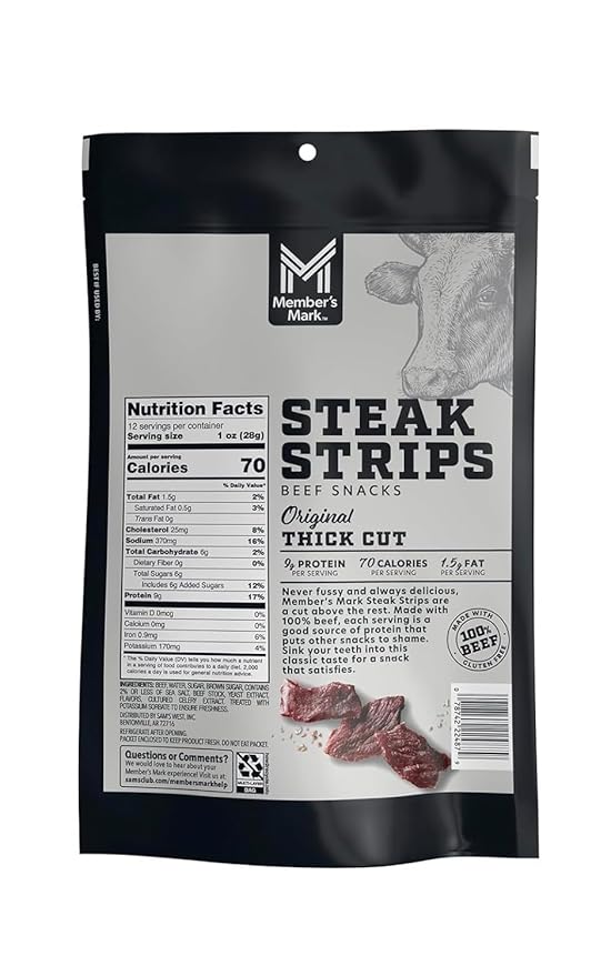 Members Mark Beef Steak Strips – 12 oz Bag | Premium Tender Beef Jerky Strips Slow-Smoked &amp Seasoned for Bold Flavor – High-Protein Snack Low Fat Beef Snack for On-the-Go Energy