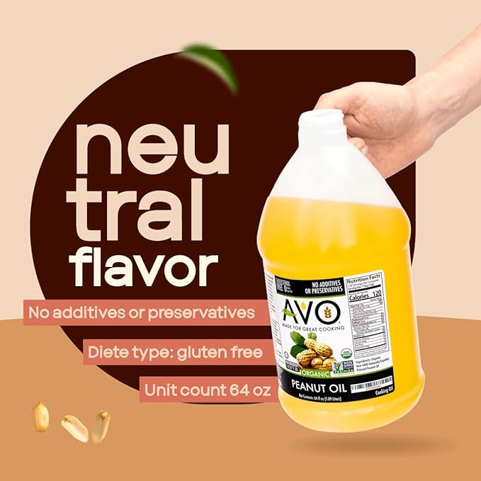 AVO Made for Great Cooking Organic Peanut Oil Half Gallon - Perfect for Cooking &amp Deep Frying - Ideal for Chefs Moms and Grillers - Bulk Organic Peanut Oil for Deep Frying Turkey