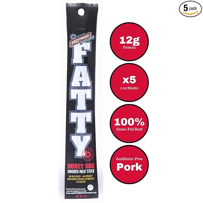 Sweetwood Smokehouse Fatty Meat Stick | Honey BBQ Flavor | 5 Pack | 2 oz Sticks | USA Grass Fed Beef Antibiotic Free Pork | Paleo Gluten Free Slow Smoked Meat Snack | No Nitrites or Added MSG