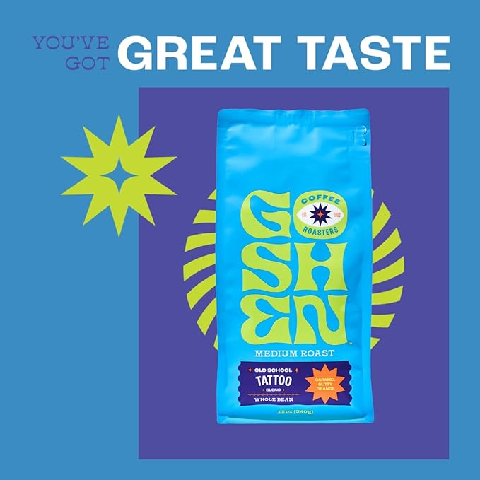 Goshen Coffee Roasters Whole Bean Old School Tattoo House Blend | Medium Roast Brewed or Espresso | Award-Winning Natural and Washed | Caramel Nutty Orange Flavors | 2 Lb Bag