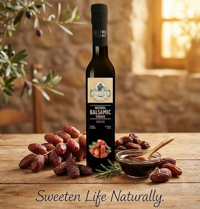 Ellora Farms Balsamic Vinegar Dates Infused Thick and creamy Barrel aged No-added sugar Award Winning Glass bottle 8.45 oz. (Dates)