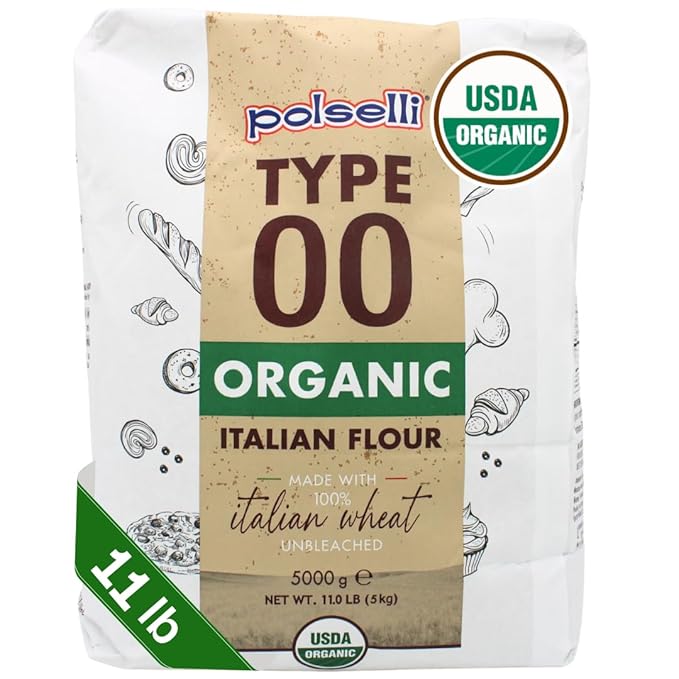 POLSELLI Organic Flour Type 00 100% Italian Grain Double Zero Flour OO Extra Fine 5 kg 11 lbs BIO Neapolitan Italian Pizza Bread Pasta All Natural Unbleached All-Purpose Unbromated No A