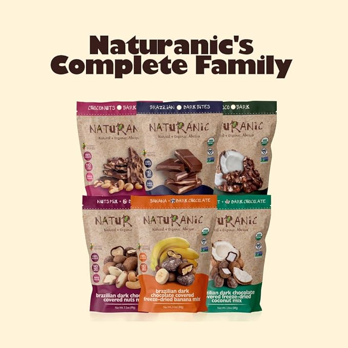 Naturanic Brazilian Dark Chocolate Covered Nuts Snack No sugar Keto friendly Net Carb Zero All NAtural Organic Vegan - Pack of 12
