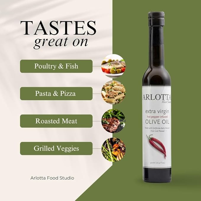 500ml Organic Hot Pepper Infused Extra Virgin Olive Oil Cold Pressed | California EVOO Kosher by Arlotta Food Studio | Spicy Cooking Oil for Pasta Pizza Vegetables Marinades | USA Made