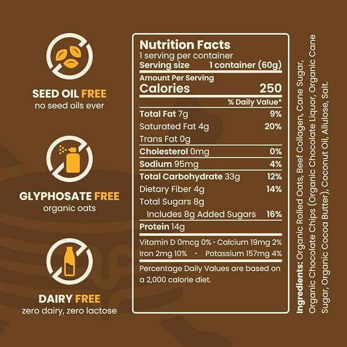 Beef Cakes Beef Collagen Protein Oatmeal (12 Pack Dark Chocolate Chip) – 14g Protein Clean Ingredients No Dairy or Seed Oils – High Protein Breakfast for Athletes