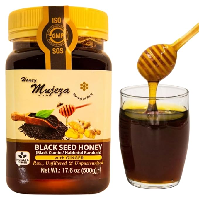 Black Seed Honey with Ginger - Not Mixed with Oil or Powder - Gluten Free - Non GMO - Immune Booster - 100% Natural Raw Honey 500g / 17.6oz