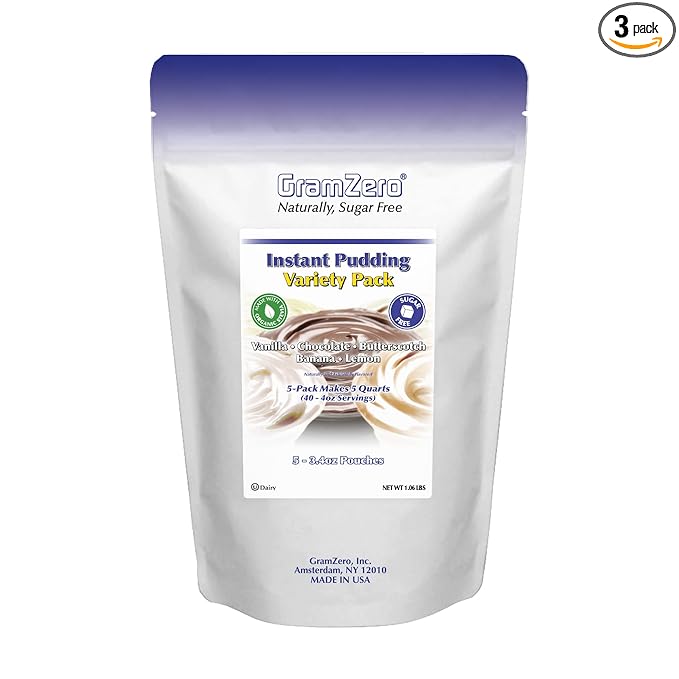 GramZero Variety (Vanilla Chocolate Butterscotch Banana Lemon) Sugar Free Pudding Mix 5-Pack Great For Nutrition Club Meal Replacement Shakes Low Calorie Dessert Stevia Sweetened