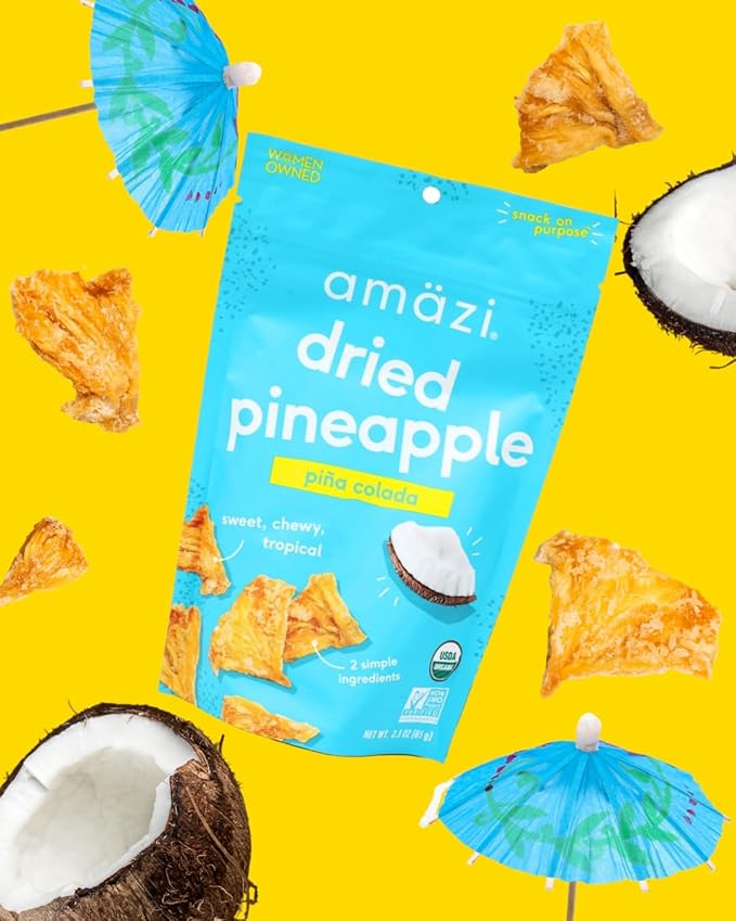Amäzi Foods | Dried Pineapple - Piña Colada (6 2.3oz Packs) | All Natural Snacks | No Sugar Added Dried Pineapple | Dehydrated Fruit