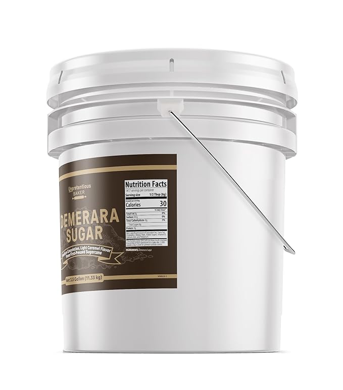 Demerara Sugar By Unpretentious Baker 3.5 Gallon Bucket Food Storage Raw First-Pressed Sugarcane Crystals For Drinks &amp Baking (25 Pounds)