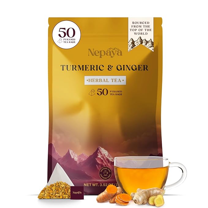 Turmeric Ginger Herbal Tea Bag 50 Count Pyramid Tea Bags From the Himalayas Caffeine Free Gluten Free warm and spicy Taste biodegradable Tea Bags