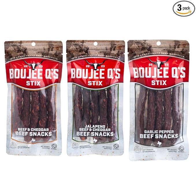 Boujee Q’s Beef Stix - 100% Soft Beef Snack Sticks w - Smoked Jerky-Style Protein Snack - Gluten-Free Low Carb No Sugar Keto Friendly - Made in USA - 3 Pack Garlic Pepper Cheddar and Jalapeno Che