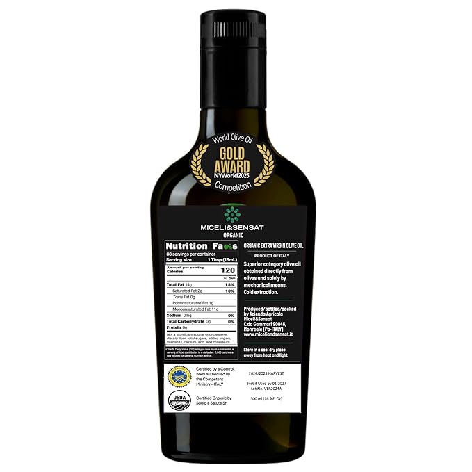 Green Robust Organic 500+ mg/kg Polyphenols Rich Italian Extra Virgin Olive Oil from Italy 2025 Gold Award High Antioxidants Peppery Finish Sicily Certified Origins Cold Pressed - 16.9 fl oz