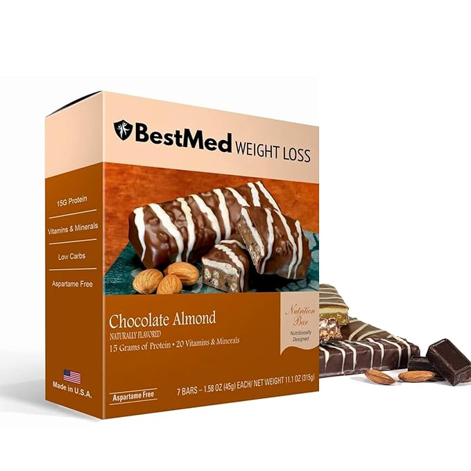 BestMed - High Protein Nutrition Bar - Low-Carb 15g Protein Low Sugar High Fiber Low Calorie Meal Replacement Bar (Chocolate Almond 4 Box - 28 Count)
