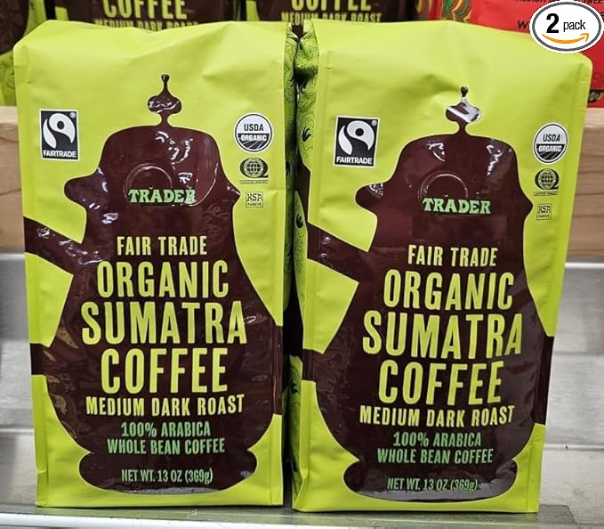 Trader Joe Organic Sumatra Medium Dark Roast Whole Bean Coffee 13oz 369g (Two Bags)
