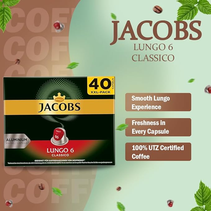 Jacobs Lungo 6 Classico 5x40 CAPSULES Coffee Capsules Compatible with (049 USD/1 CAP)
