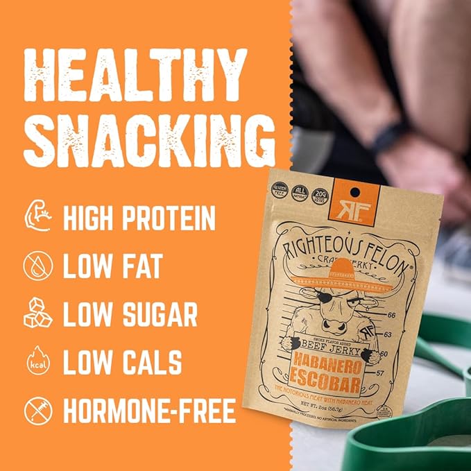 Righteous Felon Beef Jerky - Habanero Escobar Flavor - All-Natural - Locally Sourced &amp Dried Beef Jerky - Low-Sugar High-Protein Healthy Snacks - 2 Ounces Pack of 3