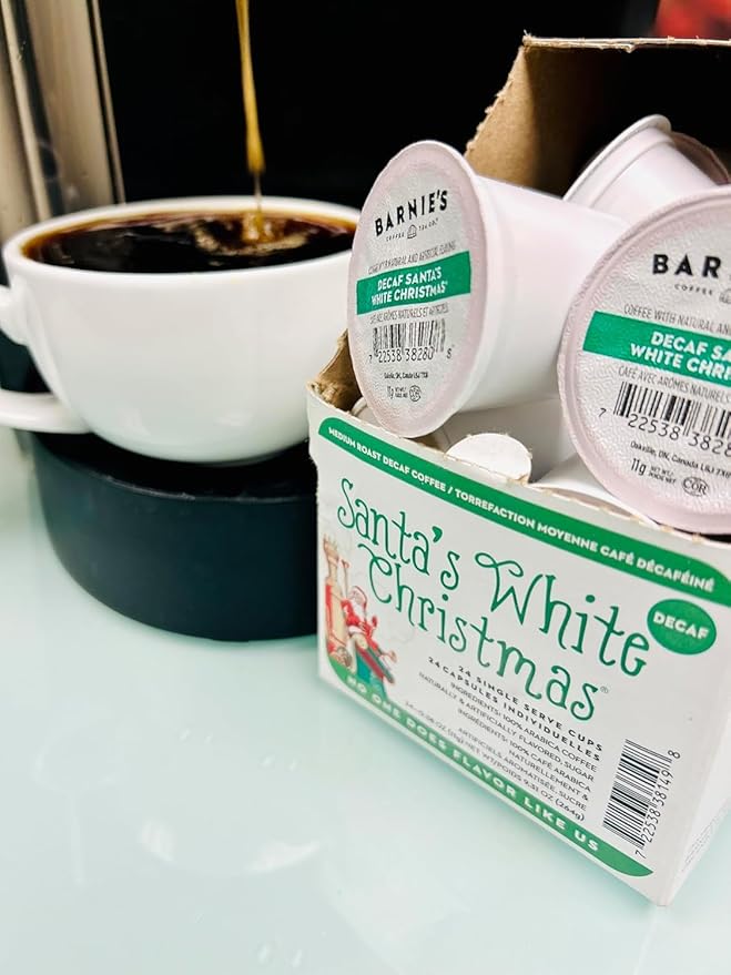 Barnie's Coffee Santa's White Christmas Decaf Single Serve Coffee Pods with Coconut Vanilla and Caramel Flavors Medium Roast Arabica Coffee Beans Compatible with Keurig Brewers 48 Count
