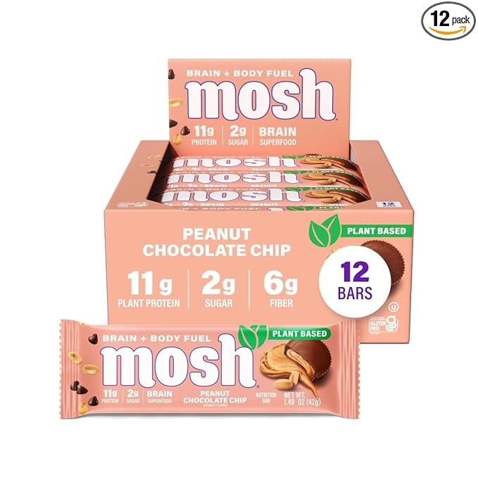 MOSH Peanut Chocolate Chip Vegan Protein Bars Plant Based Keto Gluten Free Brain Healthy Snack with Cognizin Ashwagandha and Lion's Mane 12 Count
