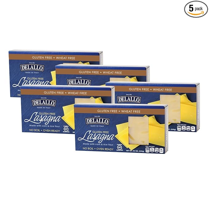 DeLallo Gluten Free Lasagna Noodle Sheets 8.8 Ounce Box (5 Pack) Made with Corn and Rice Flour Oven Ready No Boil Non-GMO