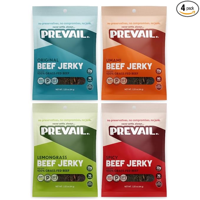 Grass Fed Beef Jerky Variety Pack by PREVAIL - Low Sodium and Gluten Free! | Umami Spicy Lemongrass and Original - Pack of (4) Bags | | Our Gourmet Jerky is Paleo Certified Soy Free Preservative