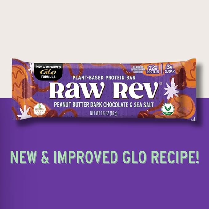 Raw Rev Vegan Protein Bars- Peanut Butter Dark Chocolate &amp Sea Salt 12 bars Non-GMO Plastic-Neutral Nothing Artificial Glo Formula Gluten-Free Keto-Friendly Paleo Kosher No Sugar Alcohol