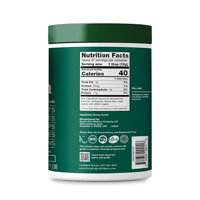 Great Lakes Wellness Beef Gelatin Powder for Culinary Needs - Perfect for Gummies Marshmallows Desserts and more - Unflavored - Grass-Fed Kosher Keto Non-GMO 16 oz