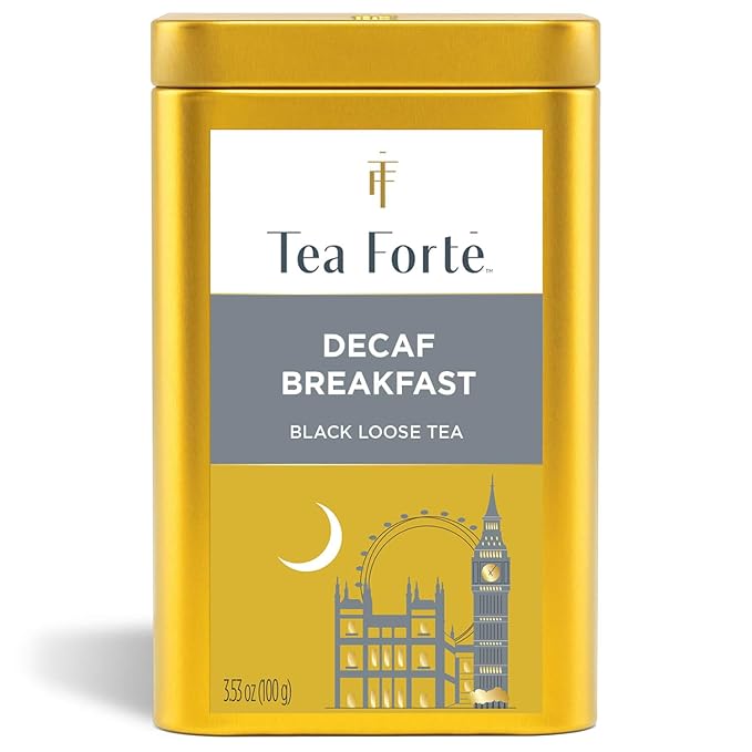Tea Forte Decaf Breakfast Premium Loose Leaf Caffeine-Free Black Tea Blend Canister Makes 35-50 Cups