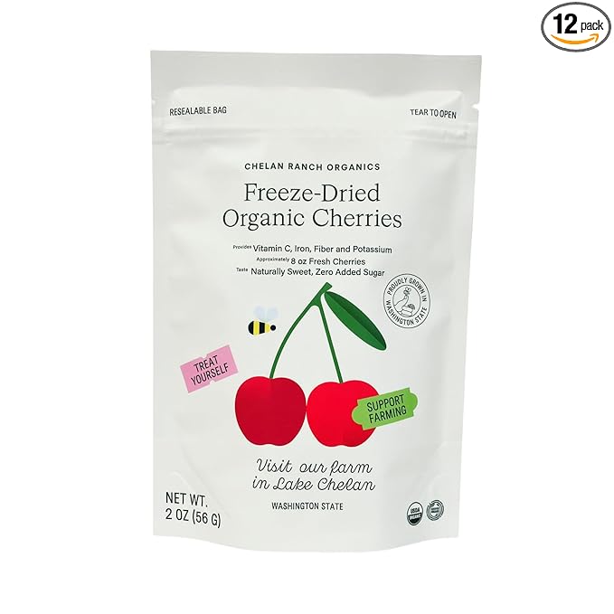 Chelan Ranch Organics Freeze-Dried Organic Cherries Non-GMO &amp Vegan 2 Ounce Bag (12-Pack)